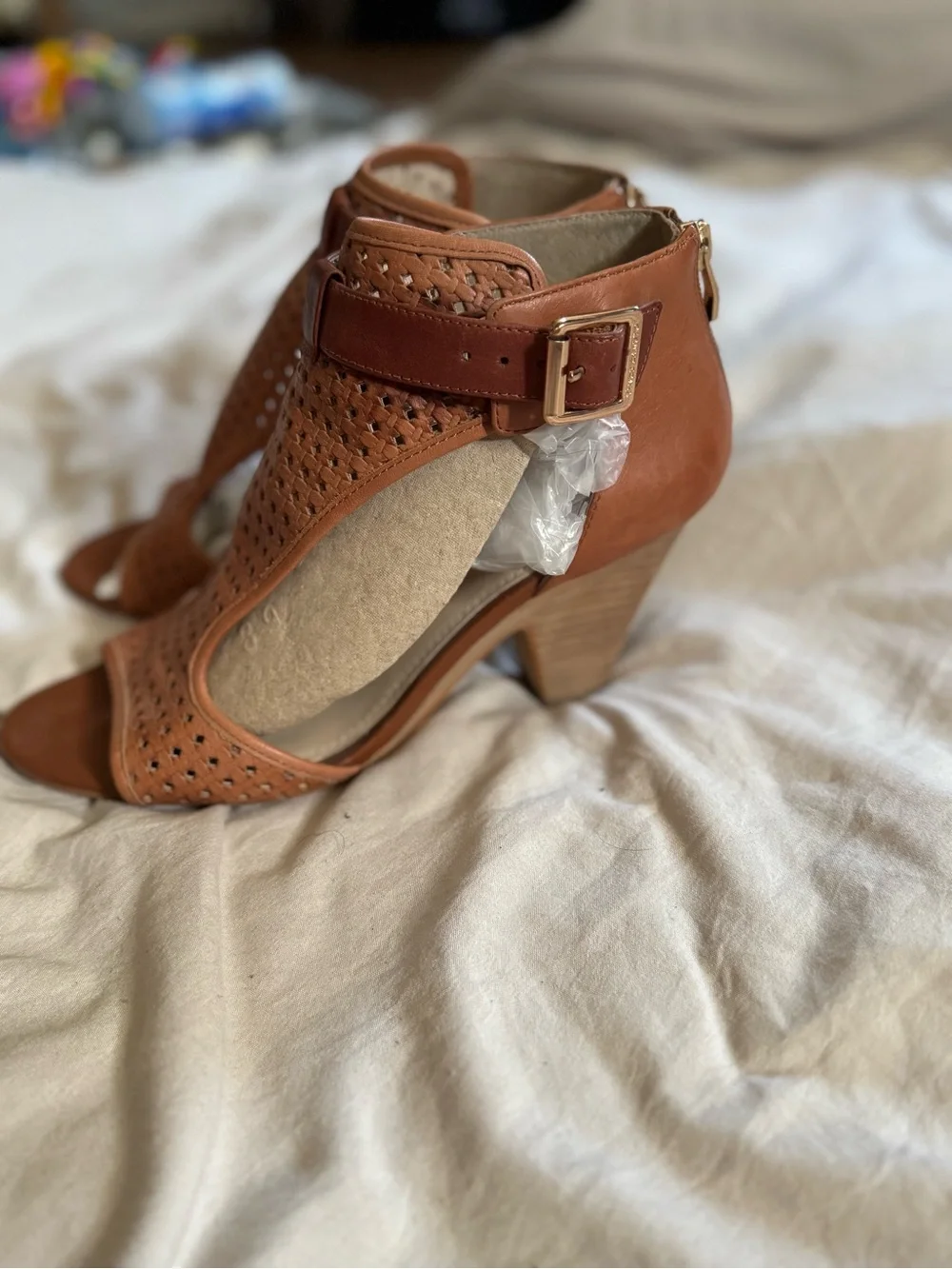 Vince Camuto Woven Cognac Brown Open-Toe Ankle Heels